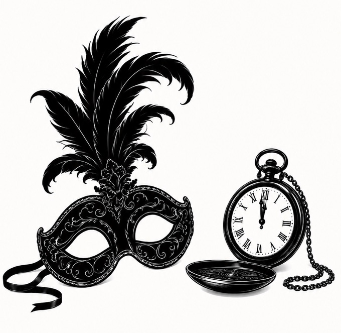 Venezianische Maske mit Federn und eine Taschenuhr kurz vor Mitternacht